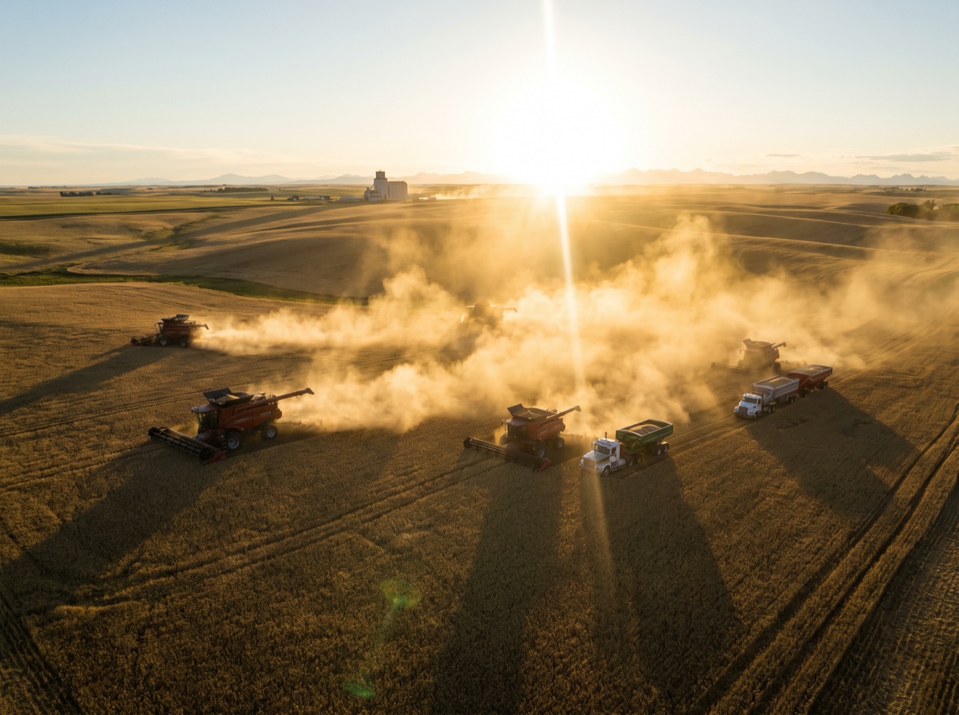 Combine harvesting wheat into a low backlit sun with dust in the air