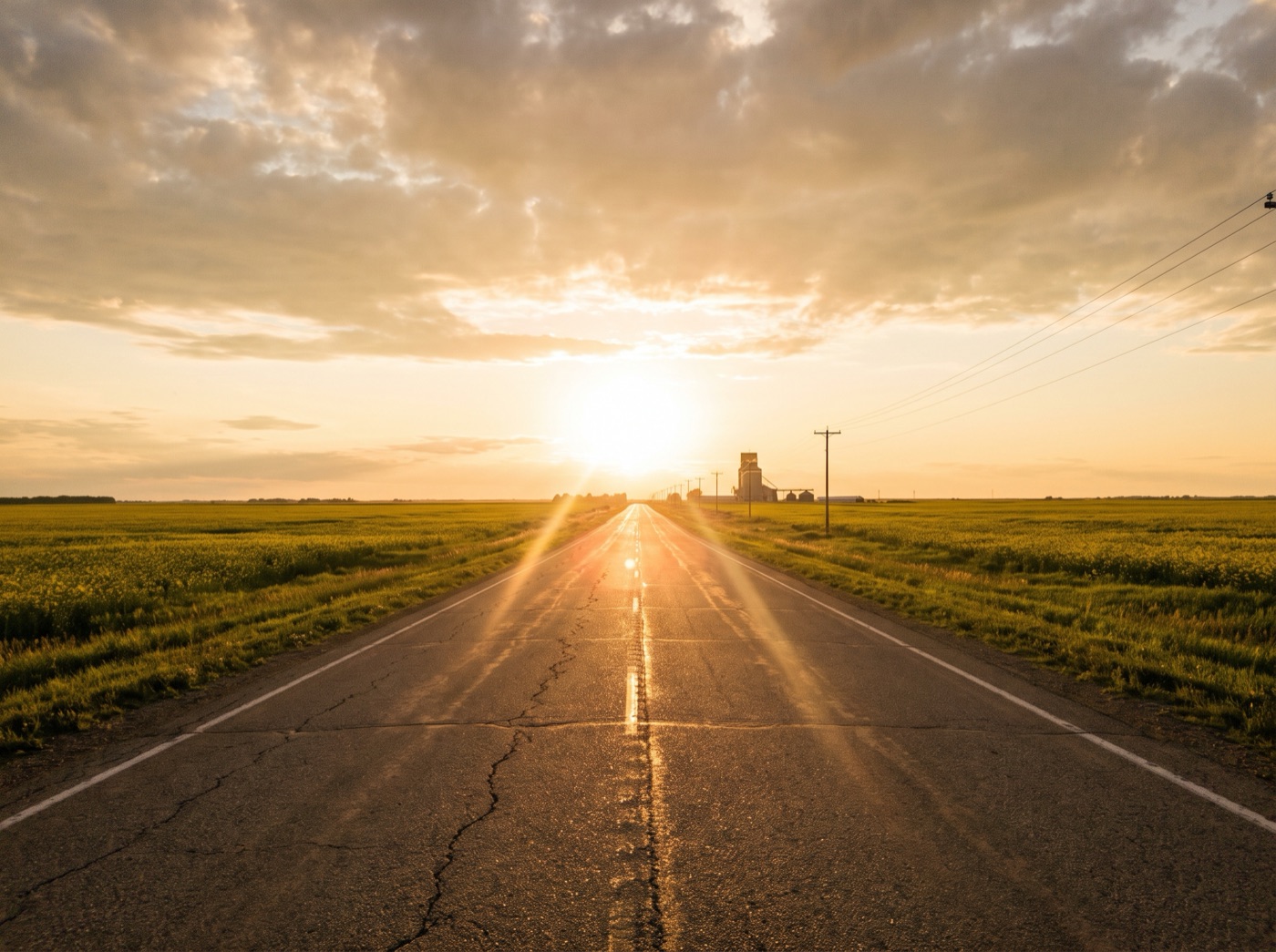 Summer prairie highway with hard low-sun glare off the asphalt