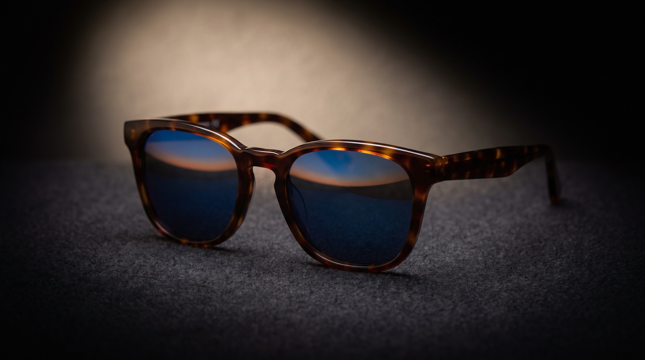 A pair of tortoiseshell polarized sunglasses under a single spotlight on dark felt, a warm horizon reflected in the blue lens.